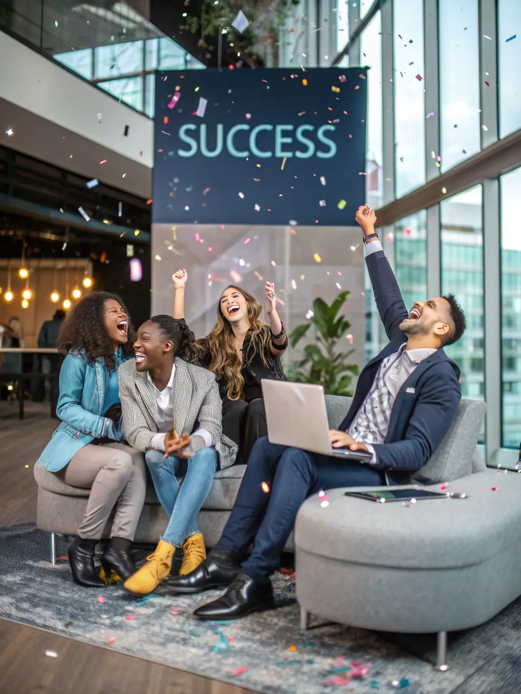 A successful UK startup team celebrating a milestone achievement, showcasing the potential for growth and success with Dreamspark.fun's guidance.