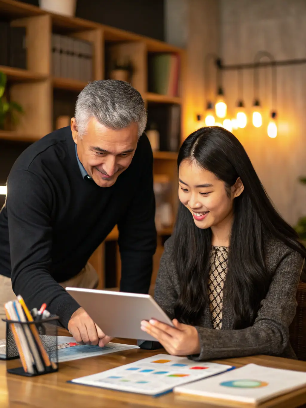 An inspiring image of a mentor and entrepreneur collaborating over a laptop in a modern office setting, symbolizing the Startup Mentorship Program.