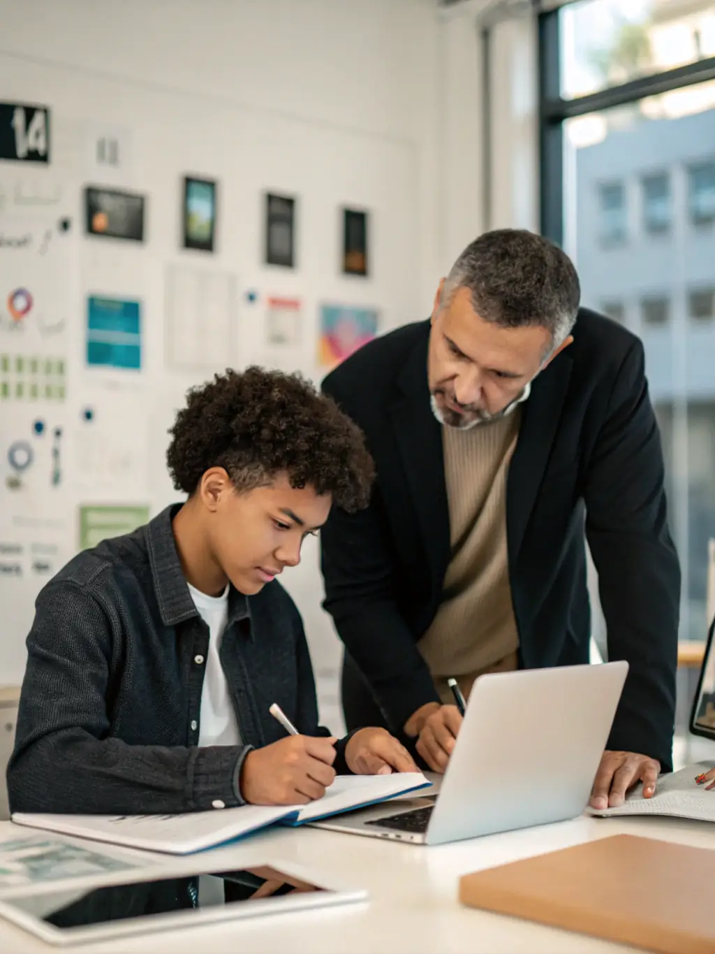 A seasoned business mentor in a sharp suit, reviewing a startup's business plan with the founder in a well-lit office, emphasizing the expertise provided by Dreamspark.fun.