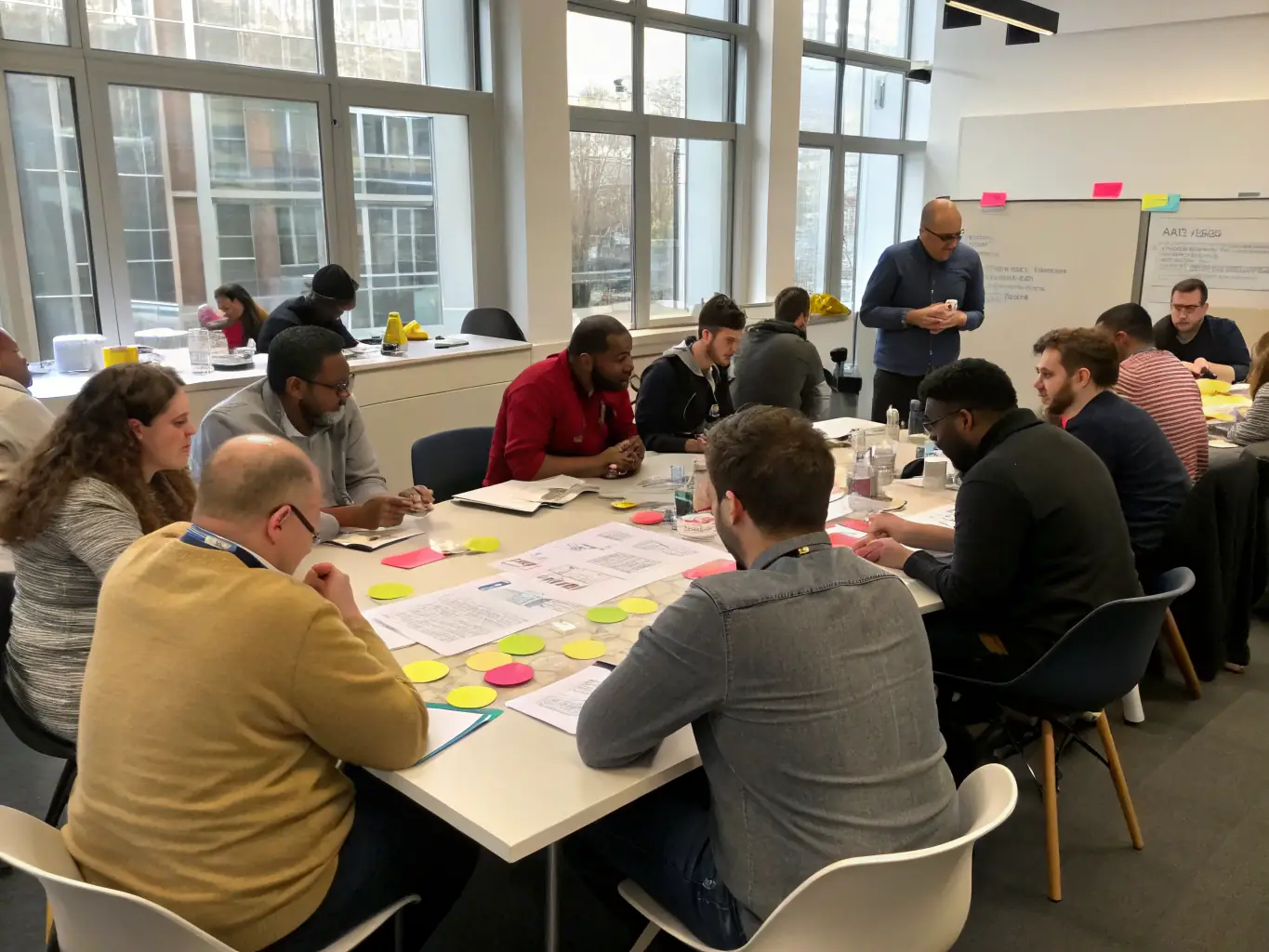 An image of a workshop setting with participants actively engaged in a business scaling workshop, led by an experienced facilitator, demonstrating the interactive and practical nature of dreamspark.fun's workshops.