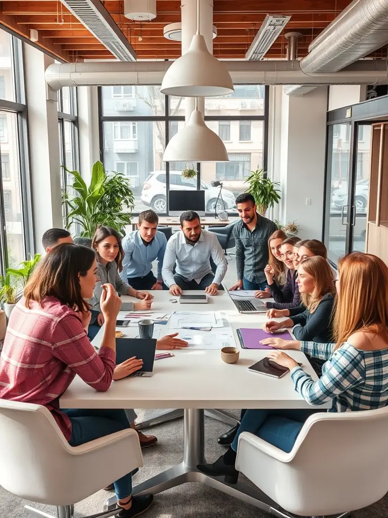A diverse group of UK startup founders brainstorming ideas in a modern co-working space, symbolizing the collaborative environment fostered by Dreamspark.fun's mentorship program.
