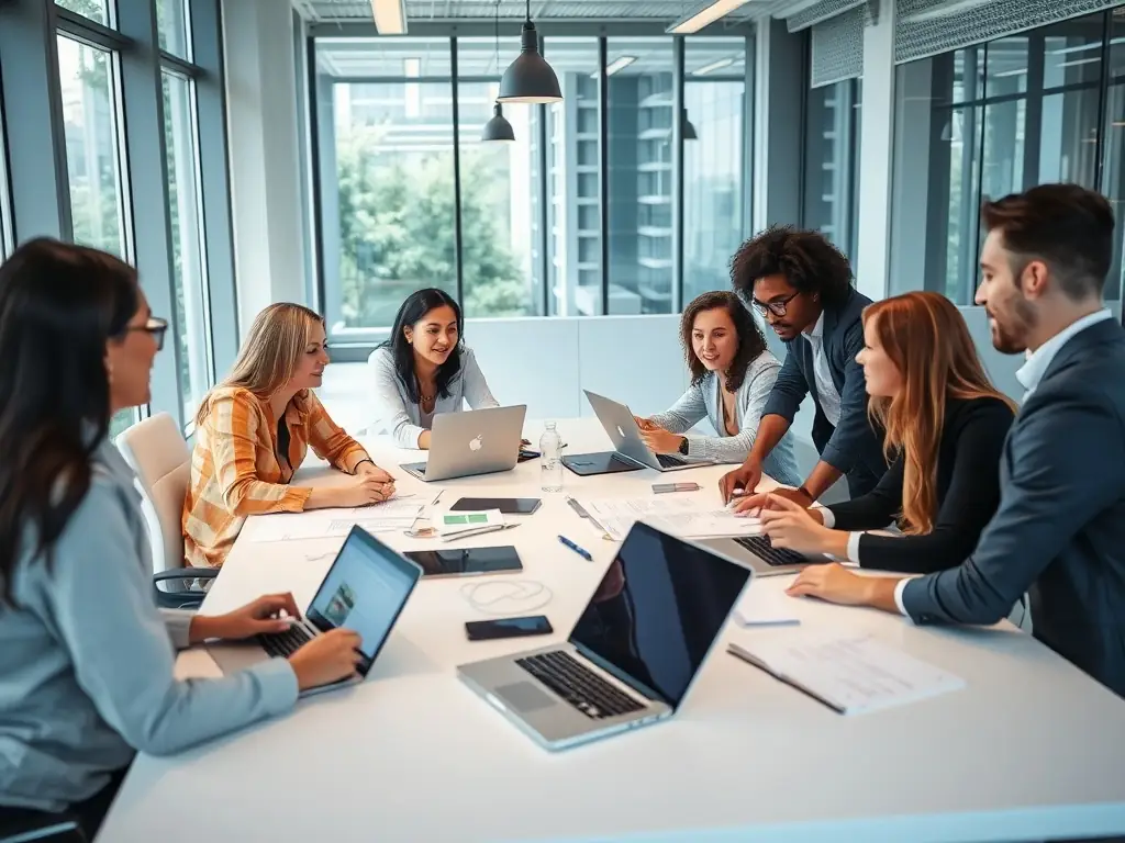 A dynamic image showcasing a diverse team of startup members collaborating in a modern office space, brainstorming ideas and strategizing for business growth, reflecting the collaborative and innovative spirit of dreamspark.fun's scaling programs.